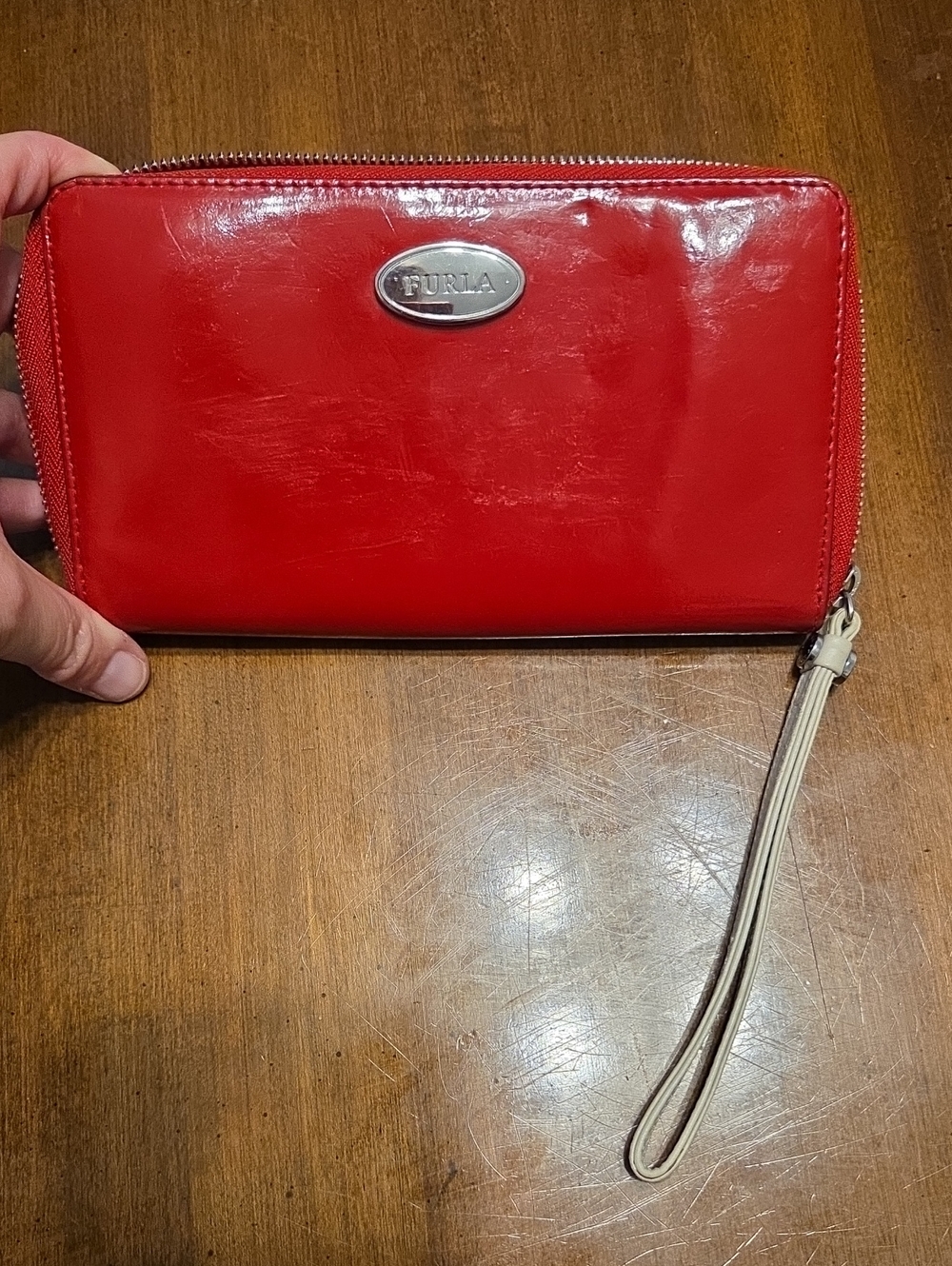 Furla Bright Red Zip-Around Leather Wristlet with Beige Strap